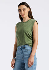 Buffalo Women Tops Green Knit Tanks Relaxed Fit Crew Neckline