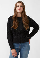 Buffalo David Bitton Magari Black Women's Long Sleeve Crewneck Cable Sweater - SW0030H Color BLACK