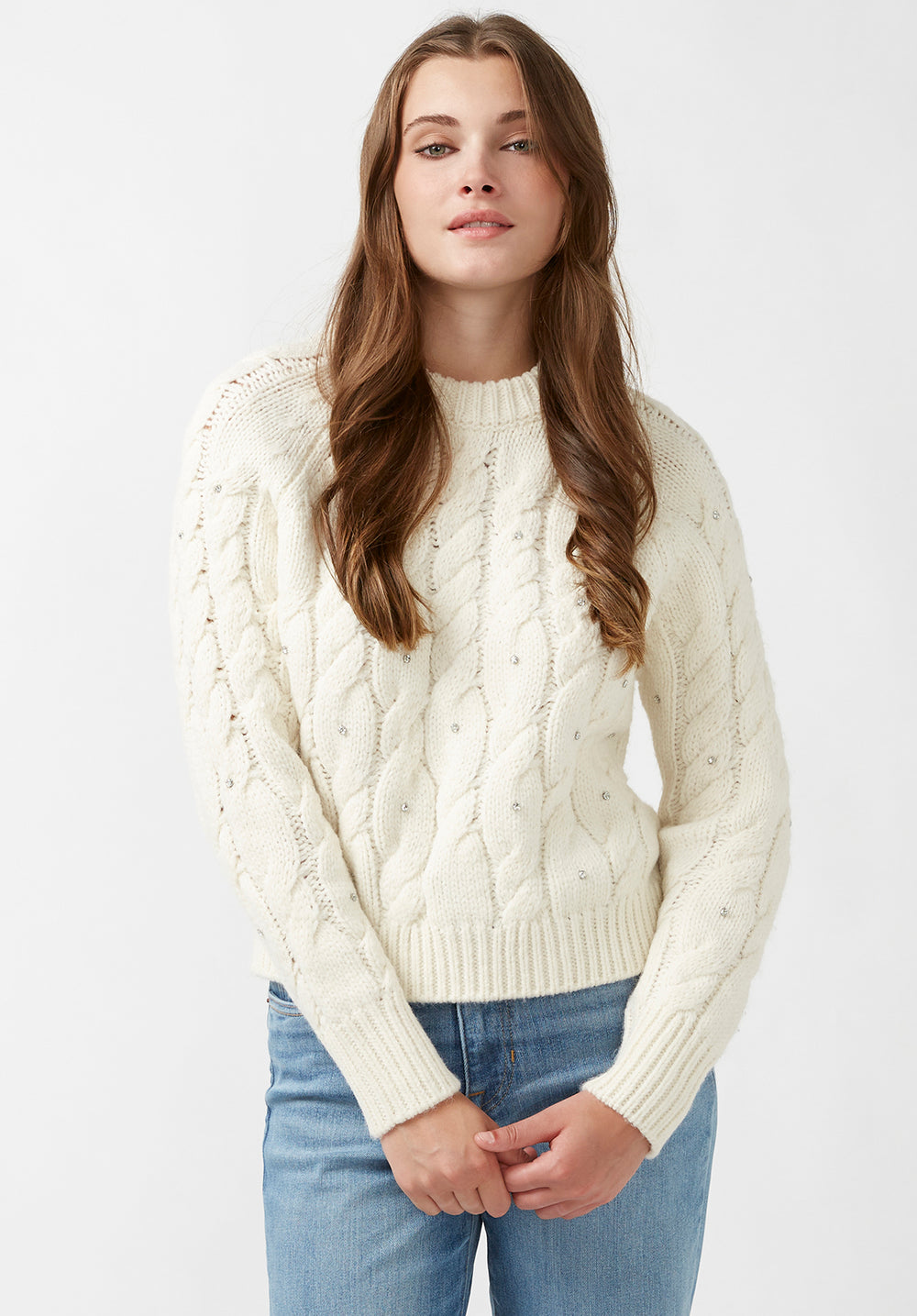Magari Women's Long Sleeve Crewneck Cable Sweater in Ivory