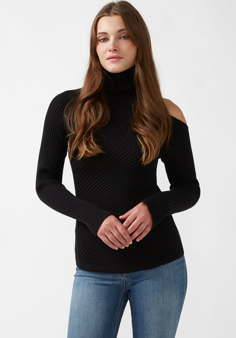 Buffalo David Bitton Beronia Black Women's Long Sleeve Cut Out Shoulder Sweater - SW0037H Color BLACK