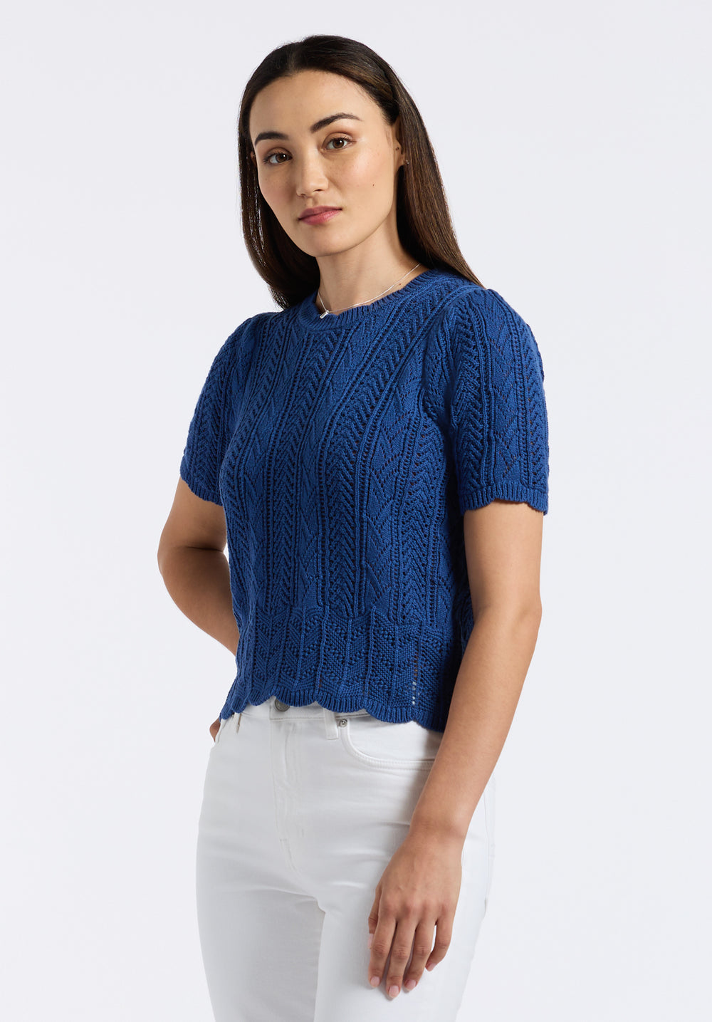 Posey Women's Short-Sleeve Crochet Knit Sweater Top, Navy
