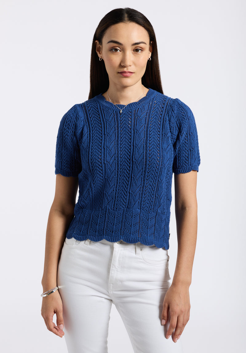 Posey Women's Short-Sleeve Crochet Knit Sweater Top, Navy