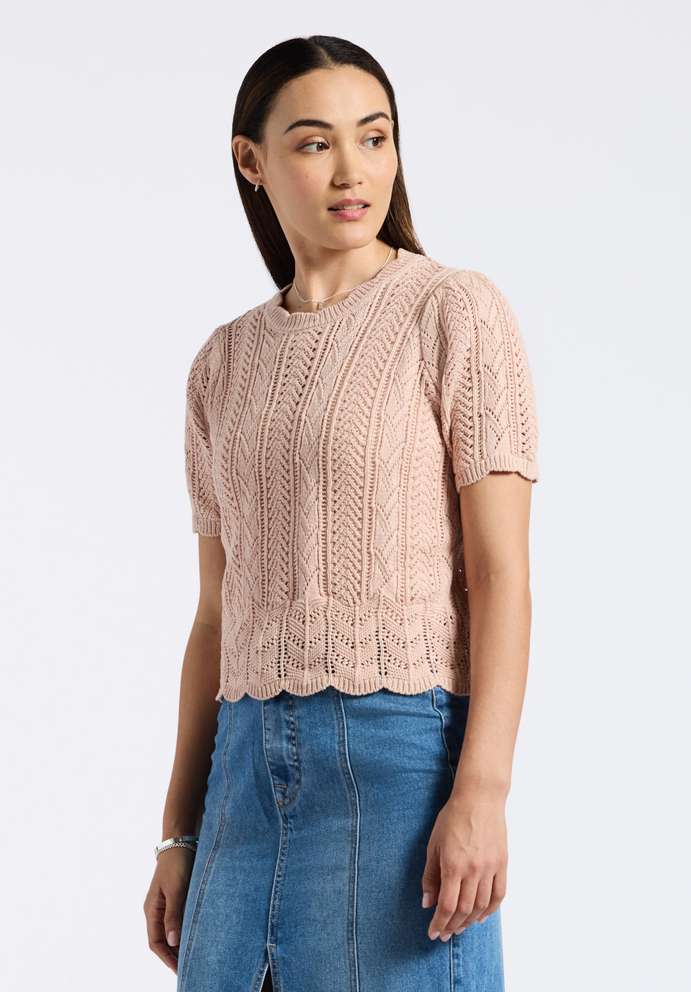 Posey Women's Short-Sleeve Crochet Knit Sweater Top, Cameo Rose