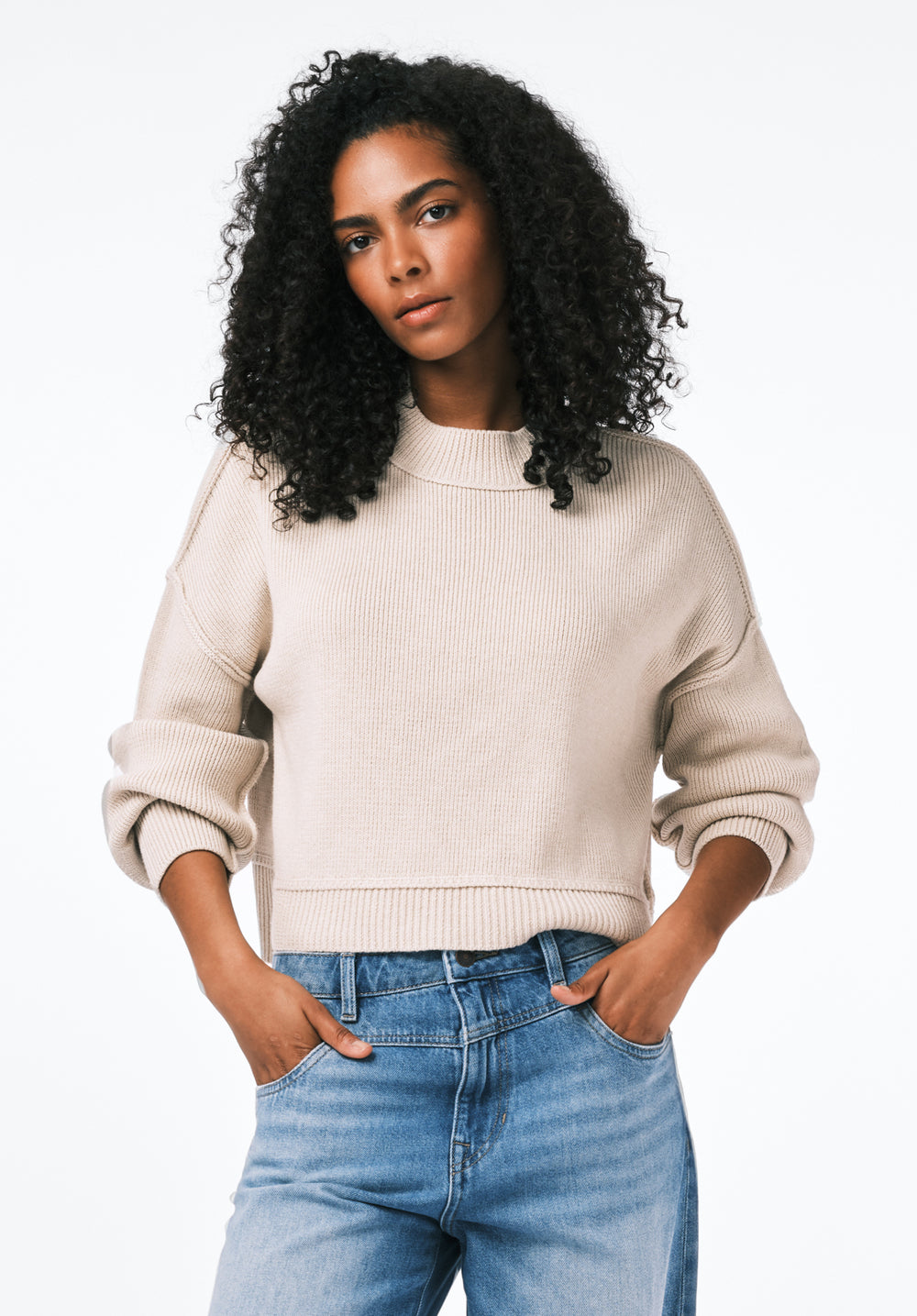 Seema Women's Dropped Sleeve Loose-Fit Cropped Sweater, OATMEAL