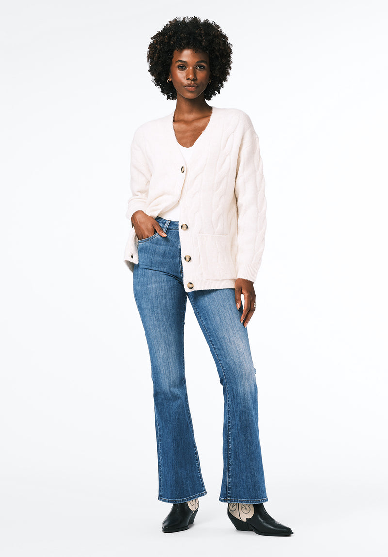 Calynda Women's Cable Knit Button-Up Cardigan with Pockets color MARSHMALLOW