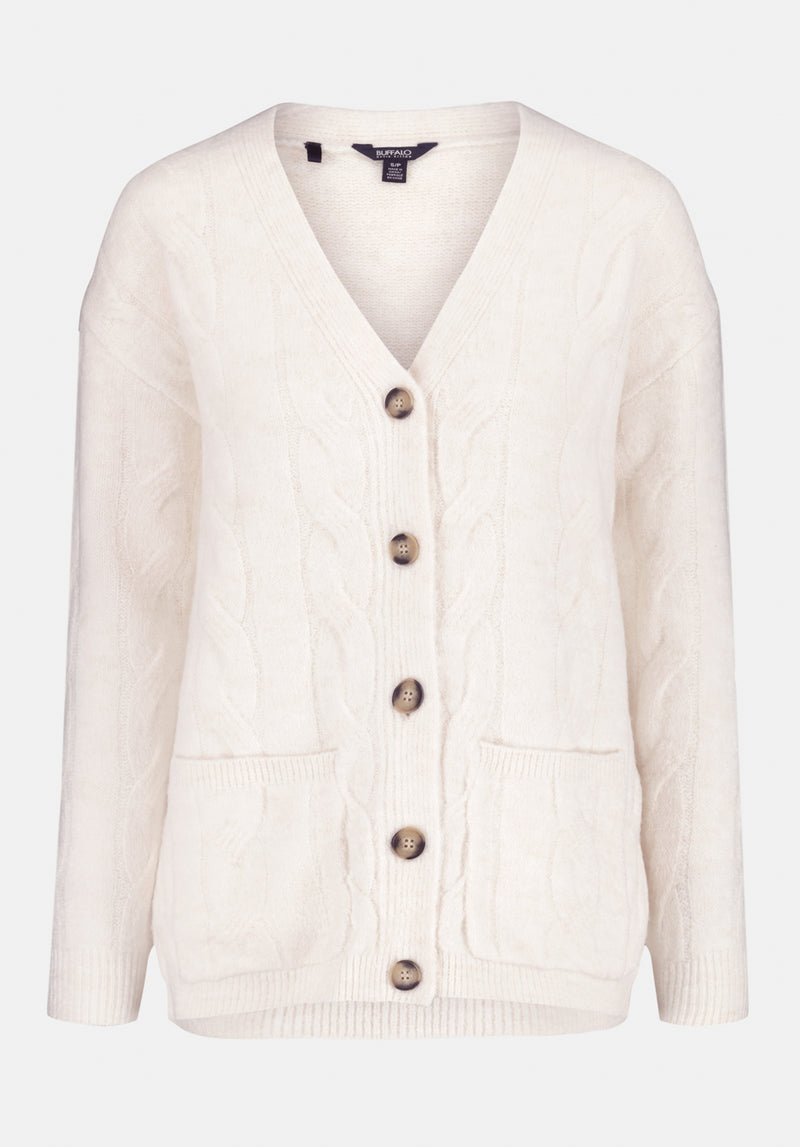 Calynda Women's Cable Knit Button-Up Cardigan with Pockets color MARSHMALLOW