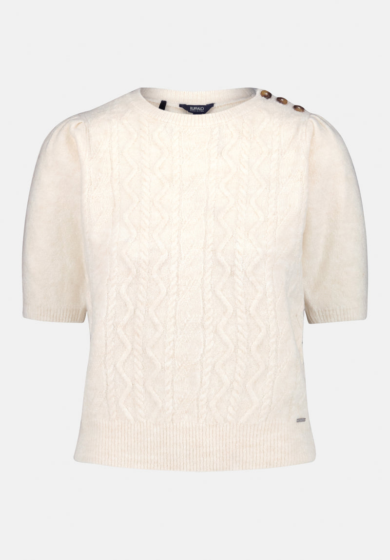 Winsome Women's Short Sleeve Cable Knit Sweater with Shoulder Button color MARSHMALLOW