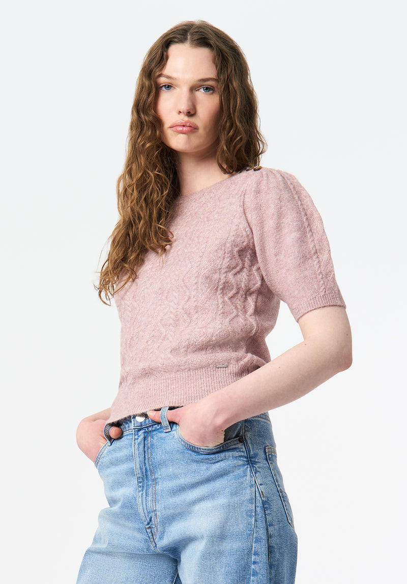 hyeon フラミンゴニット Winsome Women's Short Sleeve Cable Knit Sweater, Burnished Lilac