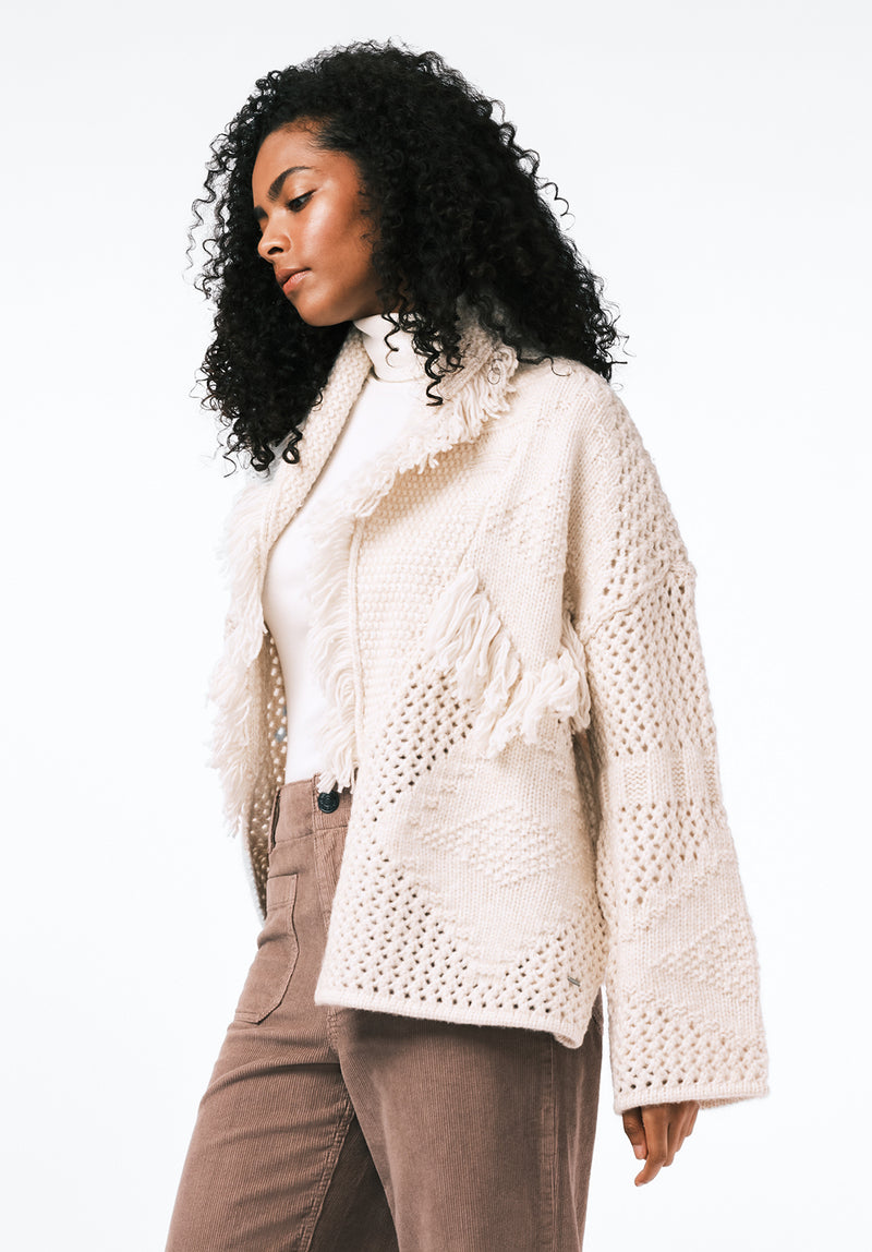 Agatha Women's Open-Front Knit Cardigan with Fringe Detail color OATMEAL