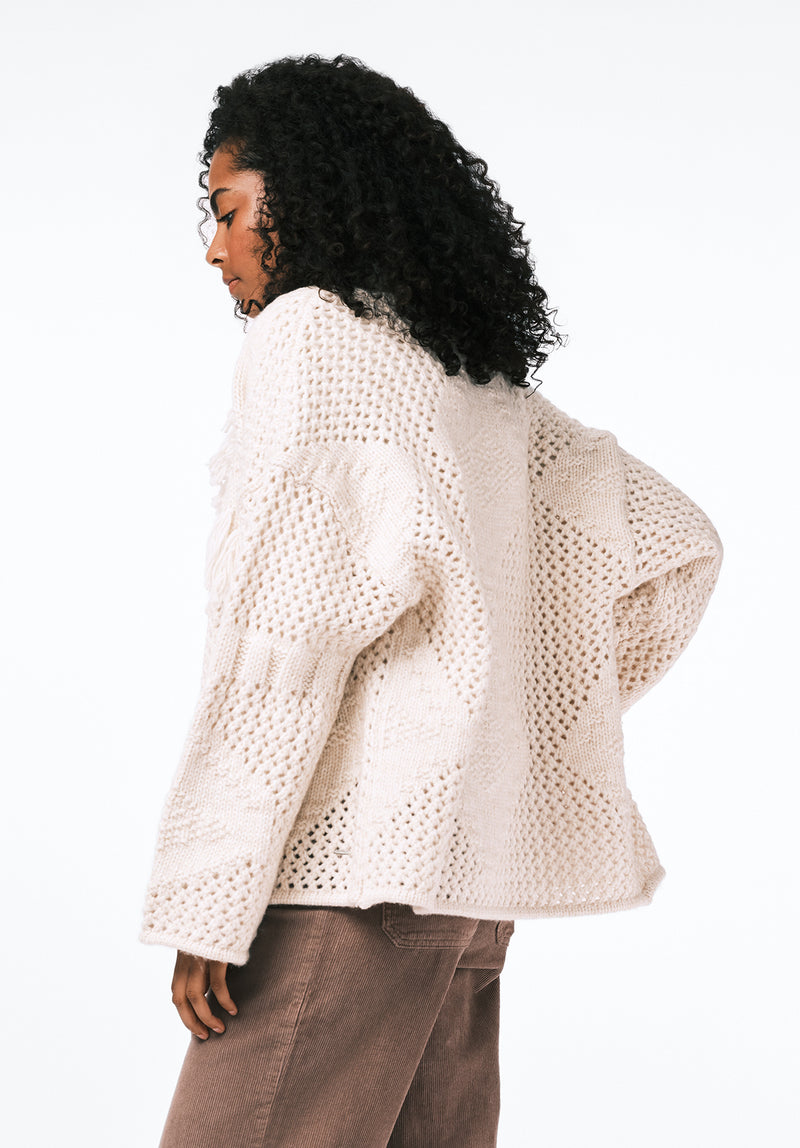 Agatha Women's Open-Front Knit Cardigan with Fringe Detail color OATMEAL