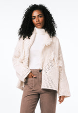 Agatha Women's Open-Front Knit Cardigan with Fringe Detail color OATMEAL