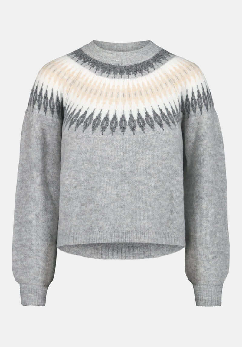 Kindra Women's Fair Isle Crew Neck Knit Sweater color LT HR GREY