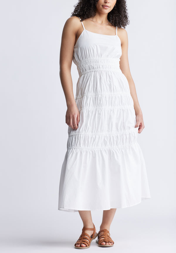 Buffalo David Bitton Balia Women's Long Ruched Tiered Dress, White - WD0047S Color WHITE