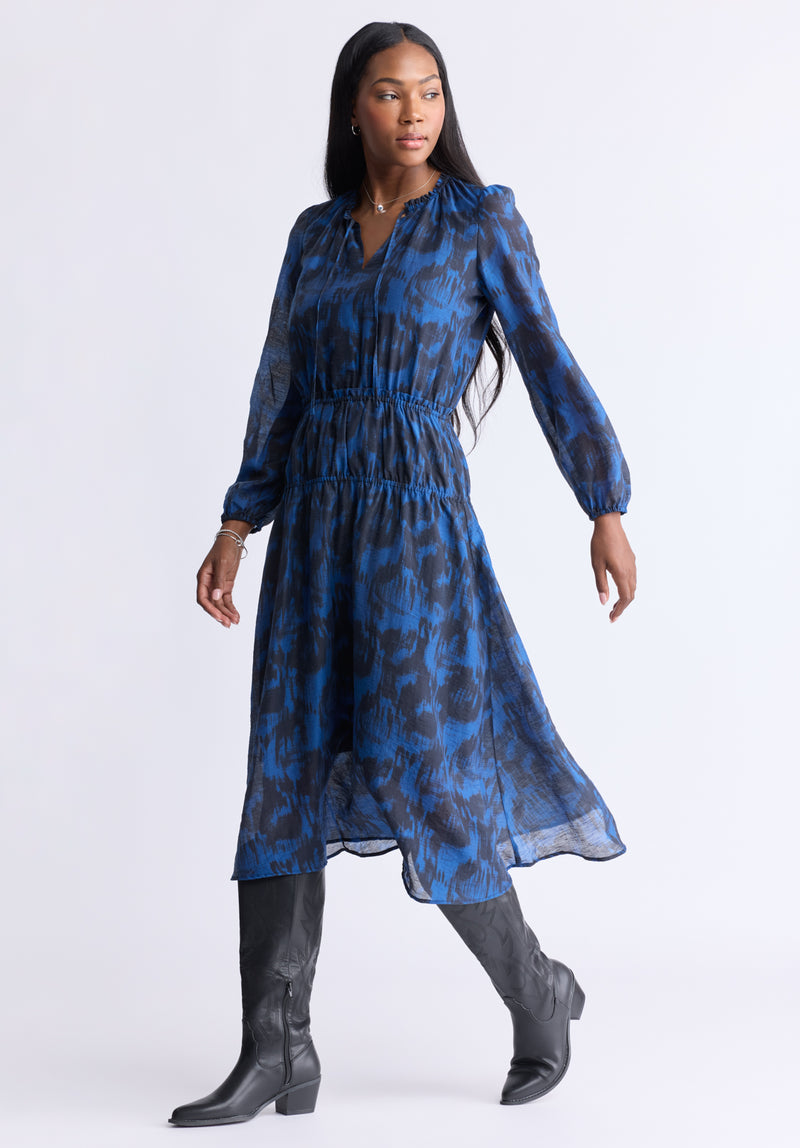 Buffalo Jeans Women's Virlen 's Long Sleeve Tie-neck Printed Midi Dress, Navy - Size: S Buffalo Jeans Women's Virlen 's Long Sleeve Tie-neck Printed Midi Dress, Navy - Size: S
