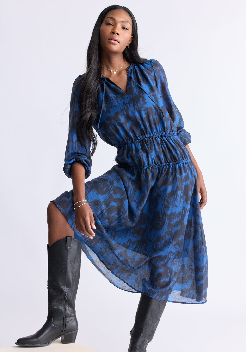 blue tie dye dress long sleeve Zolique Women's Spring/Summer Tie Dye Printed Off Shoulder Long Sleeve Slit Dress, Elegant