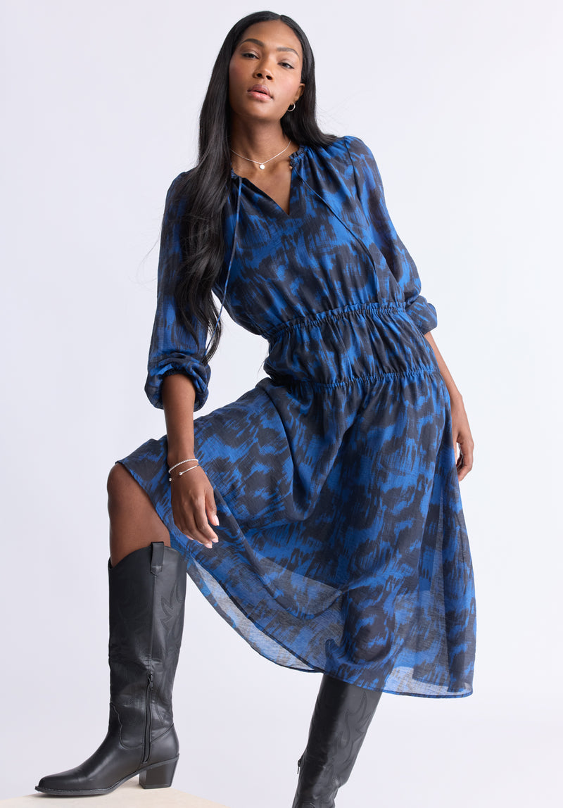 Buffalo Jeans Women's Virlen 's Long Sleeve Tie-neck Printed Midi Dress, Navy - Size: S Buffalo Jeans Women's Virlen 's Long Sleeve Tie-neck Printed Midi Dress, Navy - Size: S