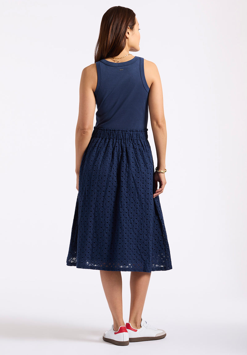 Buffalo Jeans Women's Drea Tank Dress With Eyelet Embroidered Skirt, Navy - Size: L Buffalo Jeans Women's Drea Tank Dress With Eyelet Embroidered Skirt, Navy - Size: L