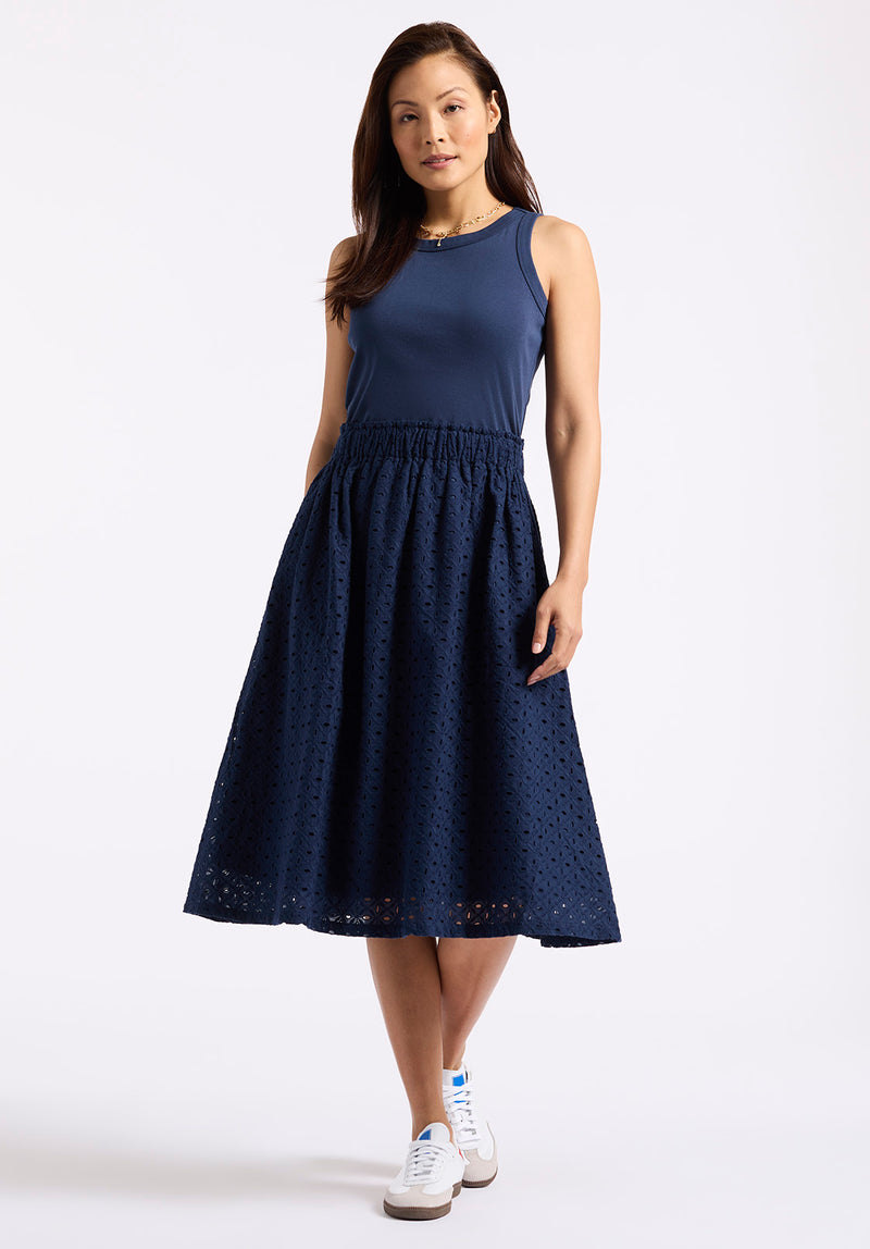 Buffalo Jeans Women's Drea Tank Dress With Eyelet Embroidered Skirt, Navy - Size: L Buffalo Jeans Women's Drea Tank Dress With Eyelet Embroidered Skirt, Navy - Size: L
