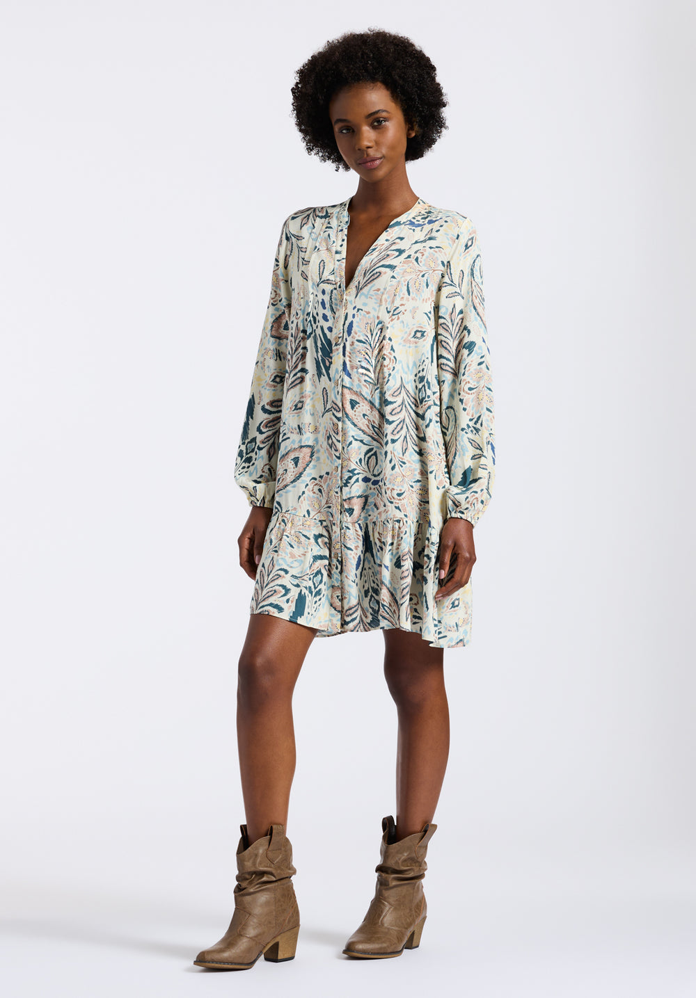 Buffalo Jeans Women's Darya Boho-Print Long-Sleeve Tiered Short Dress, Paisley - Size: XL
