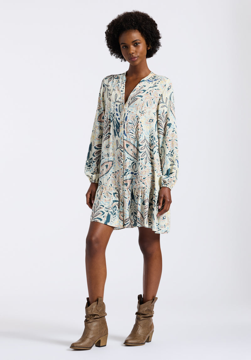Buffalo Jeans Women's Darya Boho-Print Long-Sleeve Tiered Short Dress, Paisley - Size: XL Buffalo Jeans Women's Darya Boho-Print Long-Sleeve Tiered Short Dress, Paisley - Size: XL
