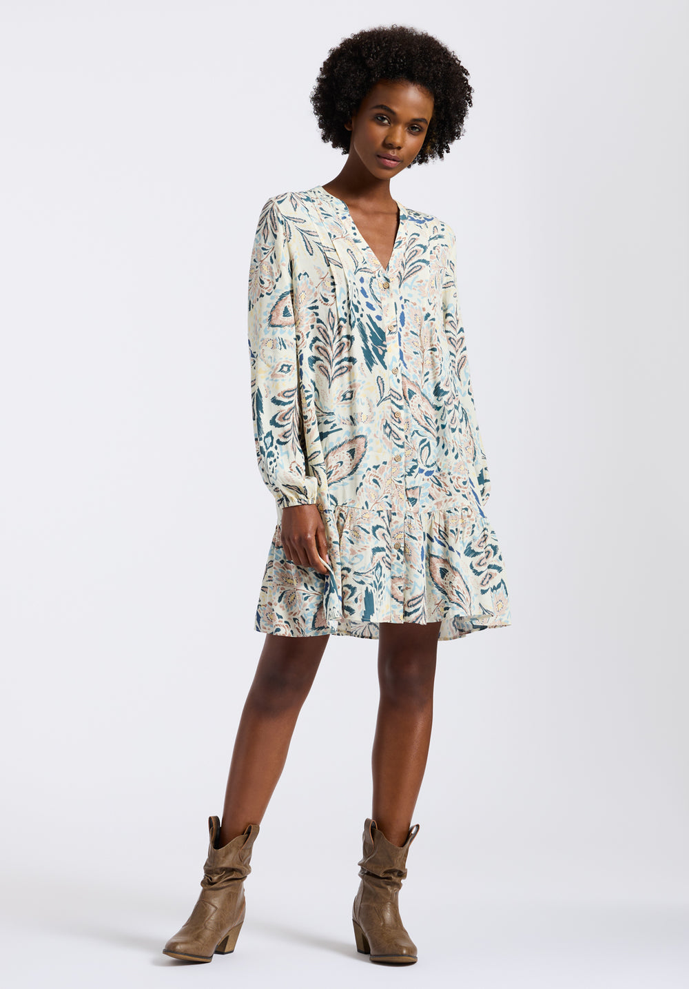 Buffalo Jeans Women's Darya Boho-Print Long-Sleeve Tiered Short Dress, Paisley - Size: XL Buffalo Jeans Women's Darya Boho-Print Long-Sleeve Tiered Short Dress, Paisley - Size: XL