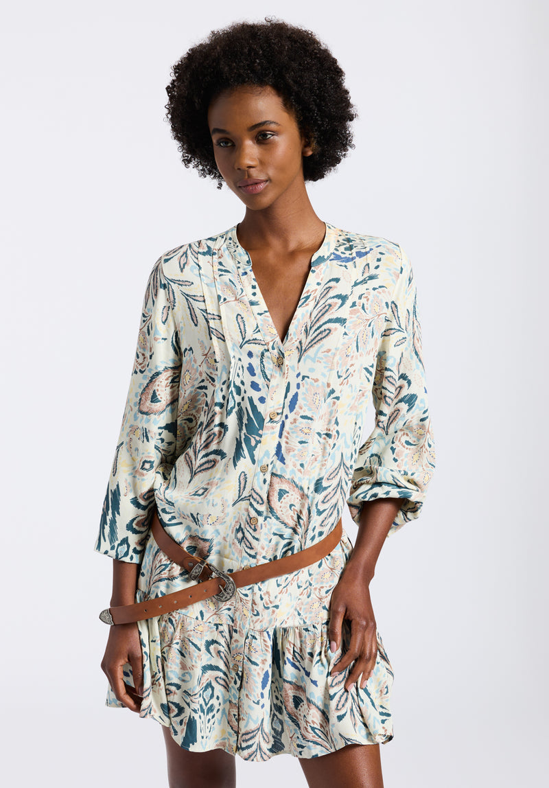 Darya Women's Boho-Print Long-Sleeve Mini Dress with Button Front and Tiered Hem, Paisley Buffalo Jeans Darya Women's Boho-Print Long-Sleeve Mini Dress with Button Front and Tiered Hem, Paisley Buffalo Jeans