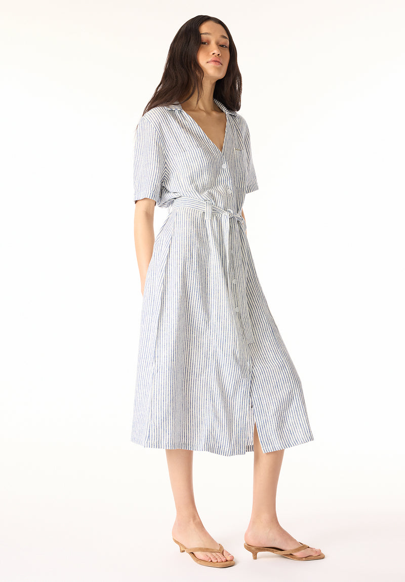 Buffalo Jeans Women's Carlene Short Sleeve Belted Button Front Striped Midi Dress, Navy