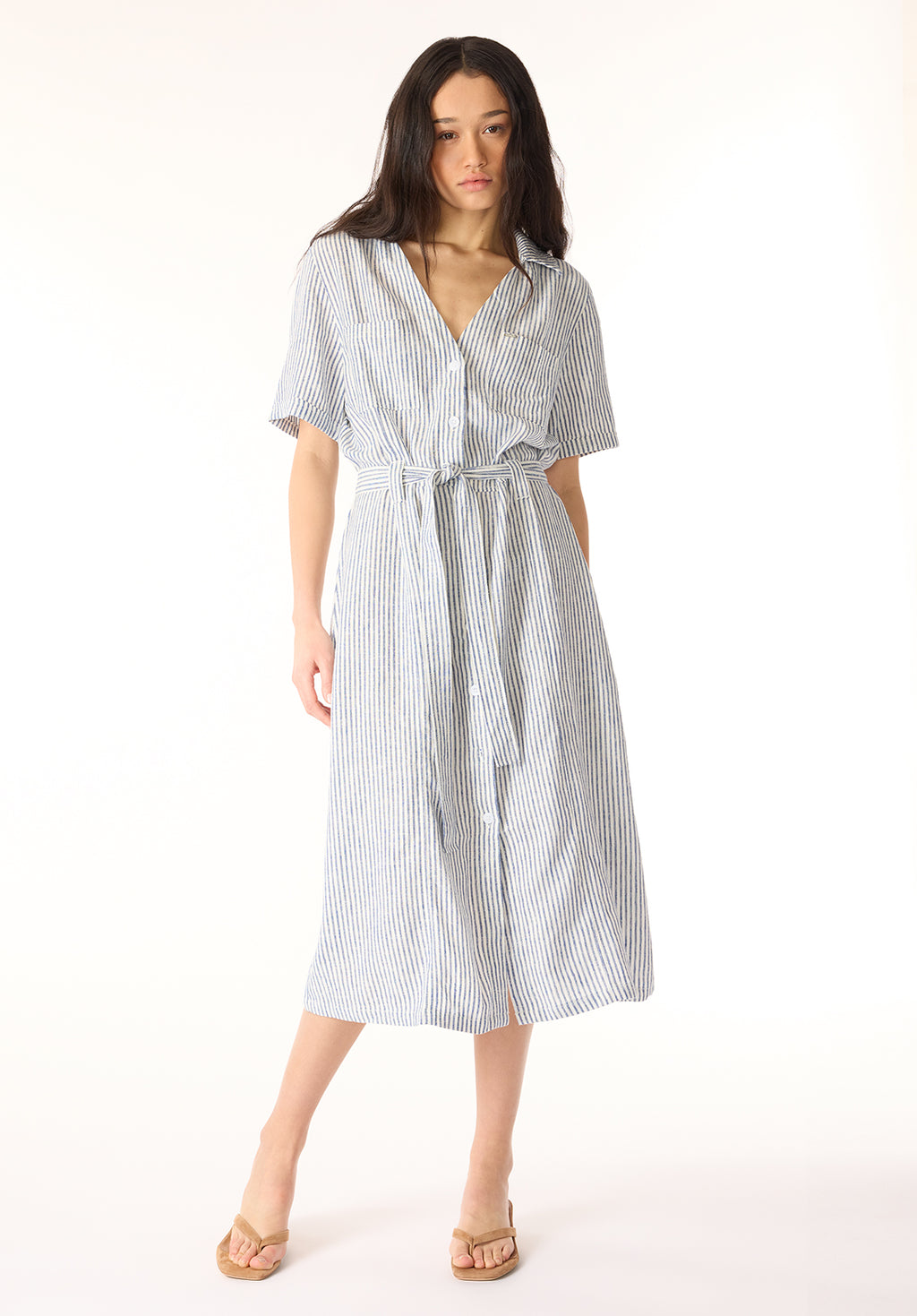 Buffalo Jeans Women's Carlene Short Sleeve Belted Button Front Striped Midi Dress, Navy