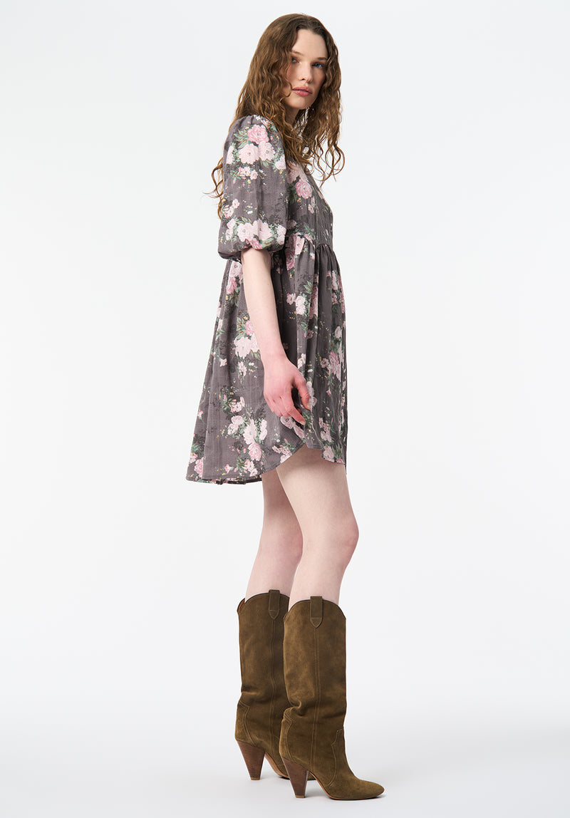 Audrianna Floral Puff Sleeve Mini Dress with Gathered Waist color FLORAL BOUQUET