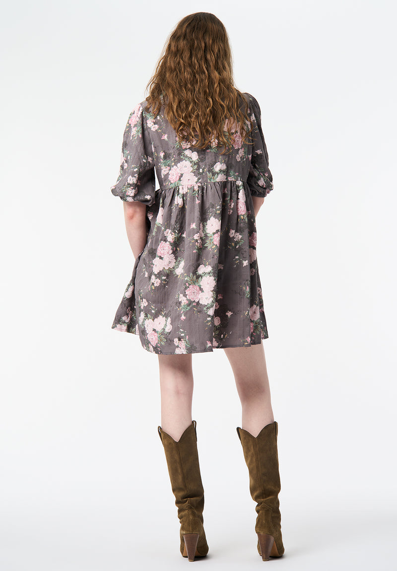 Audrianna Floral Puff Sleeve Mini Dress with Gathered Waist color FLORAL BOUQUET