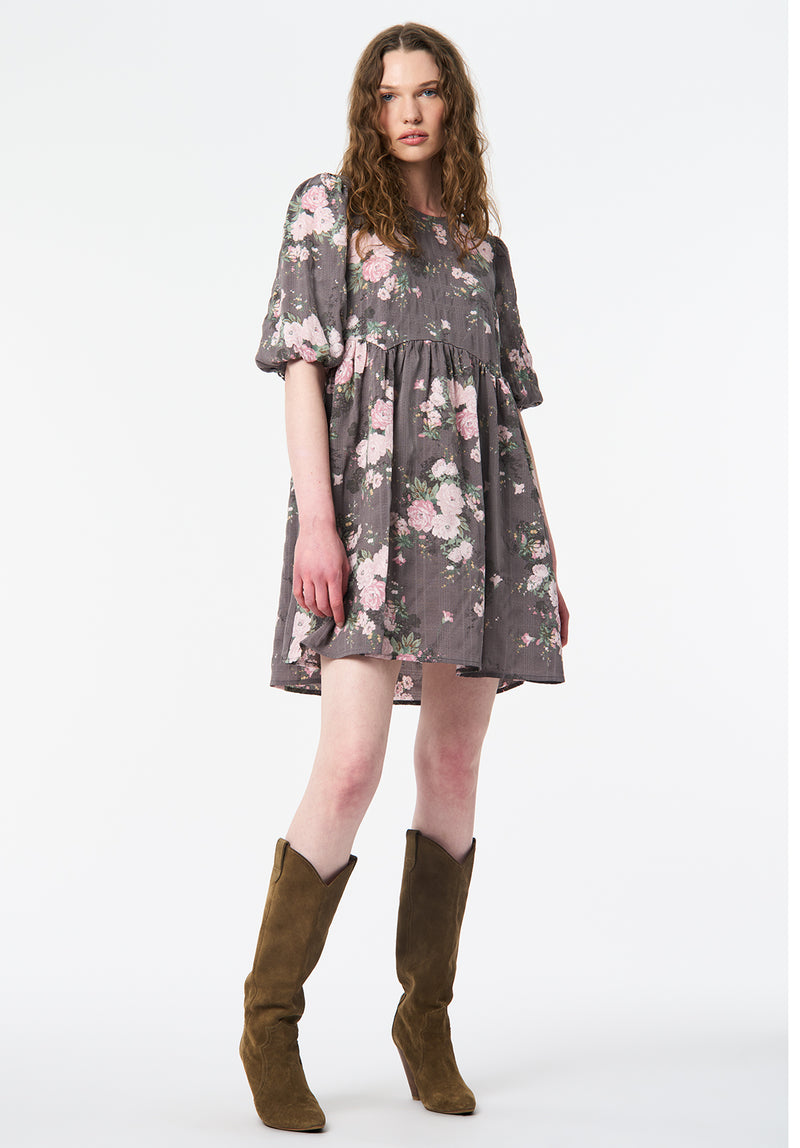 Audrianna Floral Puff Sleeve Mini Dress with Gathered Waist color FLORAL BOUQUET