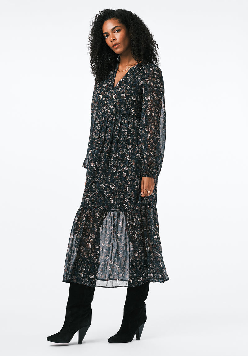 Rheda Women's Sheer Floral Long Sleeve Tiered Midi Dress, Vintage Floral Vintage Floral / M