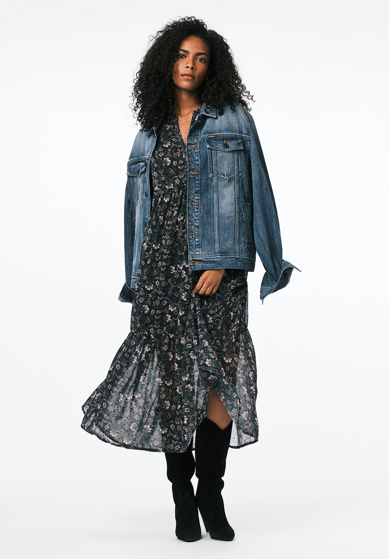 Rheda Women's Sheer Floral Long Sleeve Tiered Midi Dress, Vintage Floral - WD0107 Rheda Women's Sheer Floral Long Sleeve Tiered Midi Dress, Vintage Floral - WD0107