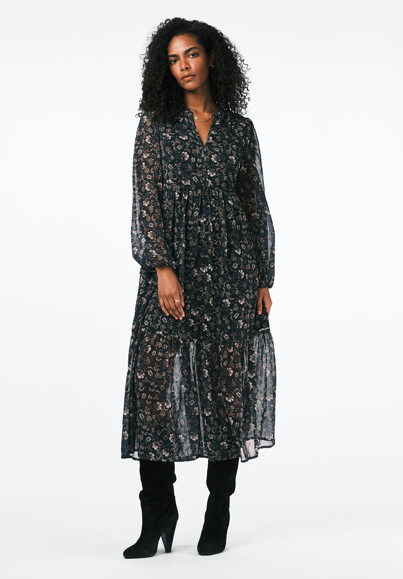Rheda Women's Sheer Floral Long Sleeve Tiered Midi Dress, Vintage Floral - WD0107 Rheda Women's Sheer Floral Long Sleeve Tiered Midi Dress, Vintage Floral - WD0107