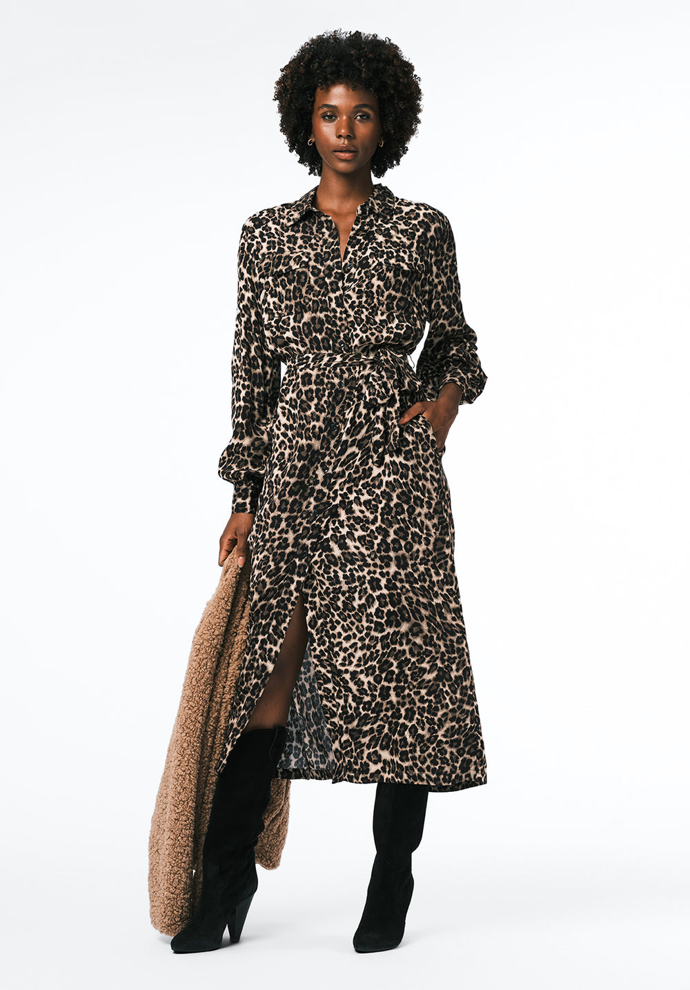 Buffalo Jeans Women's Sunnie Long Sleeve Belted Shirt Dress, Leopard