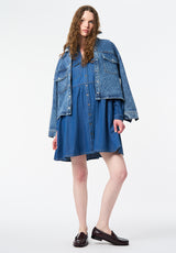Gracelynn Denim Shirt Dress with Gathered Skirt color TRUE BLUE