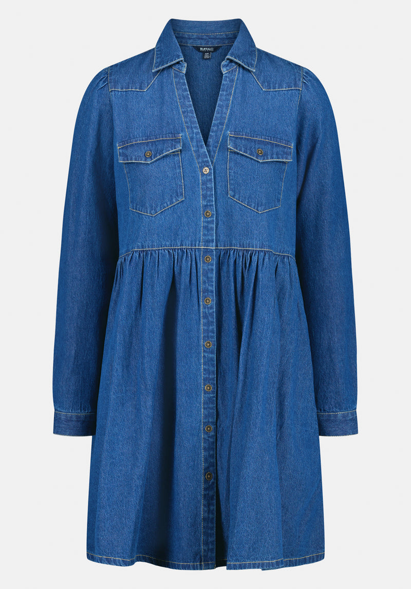 Gracelynn Denim Shirt Dress with Gathered Skirt color TRUE BLUE