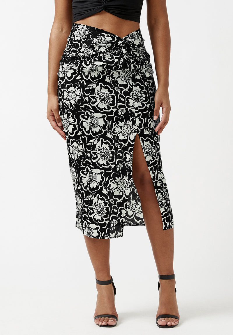 Buffalo David Bitton Salome Black and Cream Flower Print Twist-Front Skirt - WS0002S Color BLACK CREAM FLWR