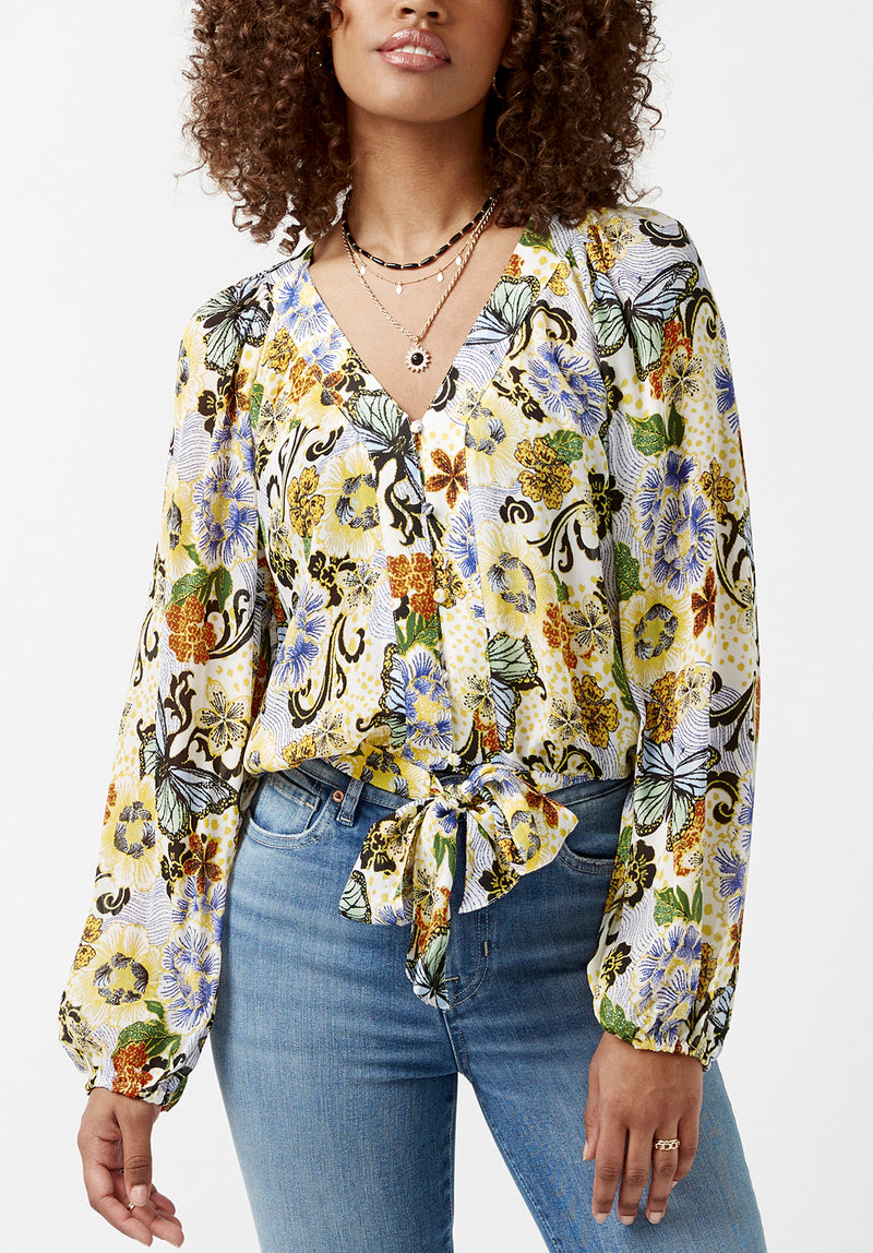 Buffalo David Bitton Josephine Butterfly Print Tie-Front Blouse - WT0029S Color BUTTERFLY PRINT