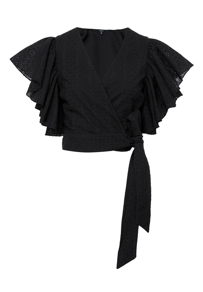 Black Sweetheart Neck Ruffled Sleeves Blouse By Estonished, EST-SEW-540