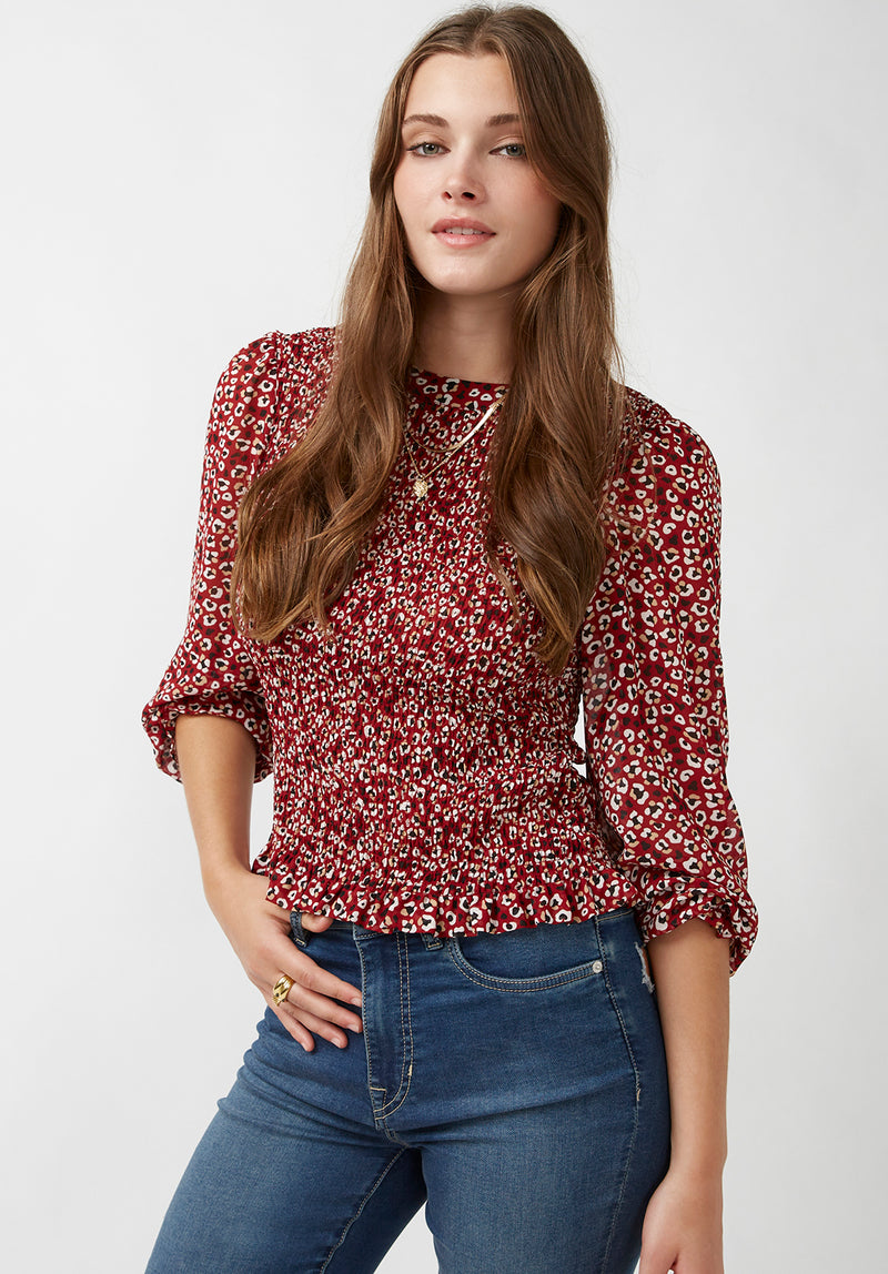 Buffalo David Bitton Langley Red Leopard Women's Ruched Body Blouse - WT0073H Color RED LEOPARD