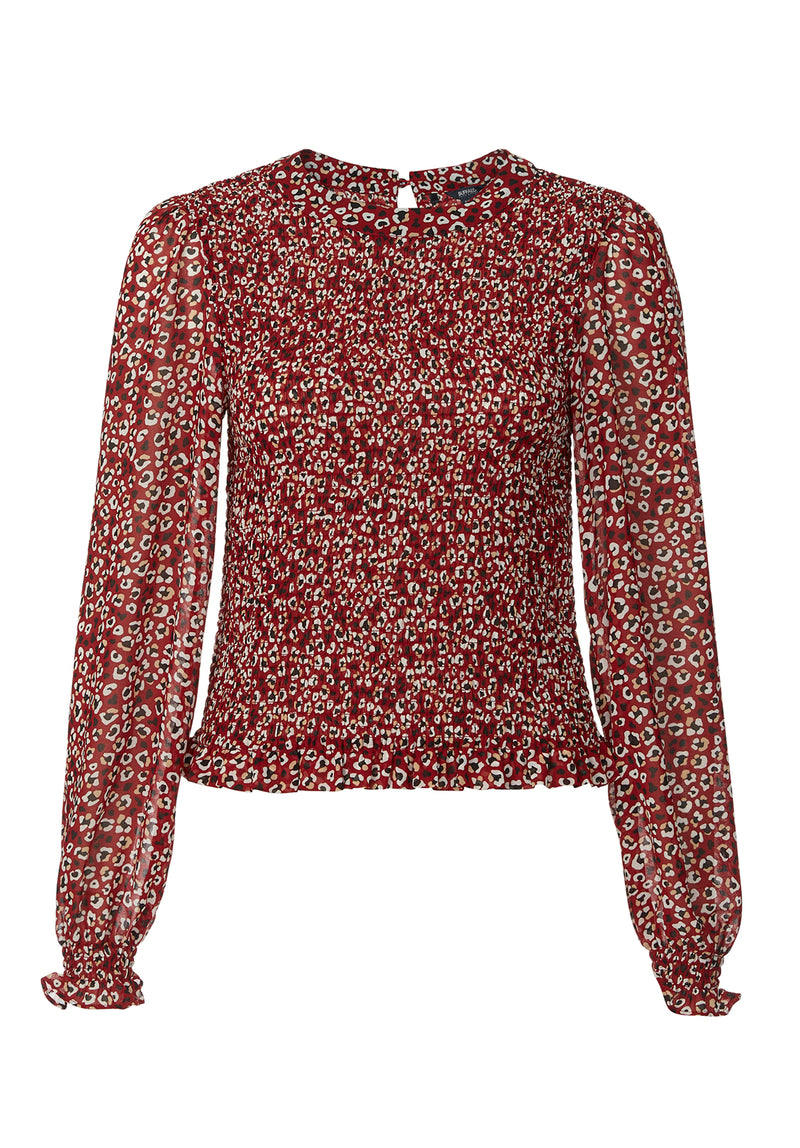 Buffalo David Bitton Langley Red Leopard Women's Ruched Body Blouse - WT0073H  