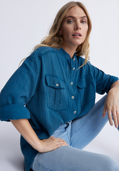 Buffalo David Bitton Taylee Women’s Oversized Blouse in Teal Blue - WT0089P Color TEALY BLUE