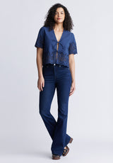 Buffalo David Bitton Dolly Women's Short-Sleeve Tie Front Crop Blouse, Navy - WT0104S Color NAVAL ACADEMY