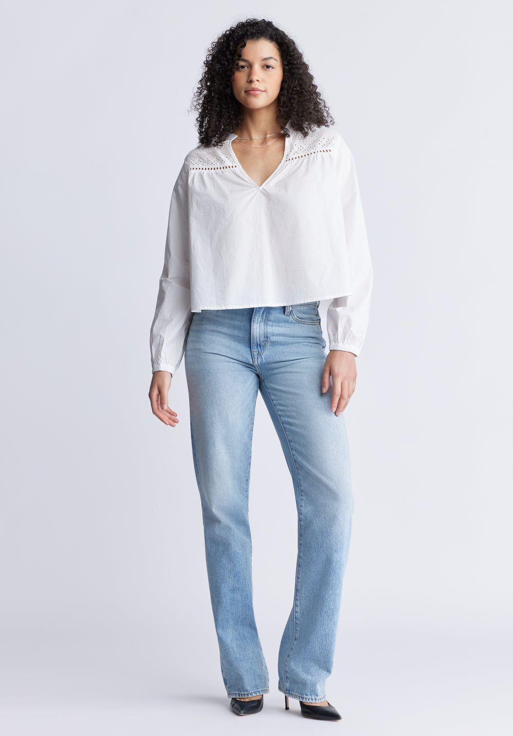 Selyse Women's Eyelet Yoke Split-Neck Blouse, White – Buffalo Jeans