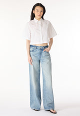 Sorcha Women's Short-Sleeve Cropped Shirt with Embroidered Floral Details, White - WT0158P