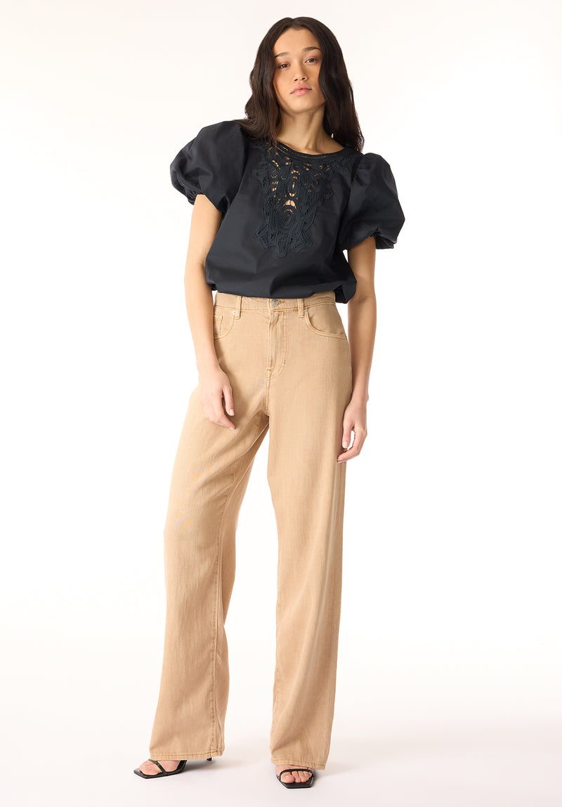 Leonella Women's Puff Sleeve Embroidered Blouse, Black – Buffalo Jeans