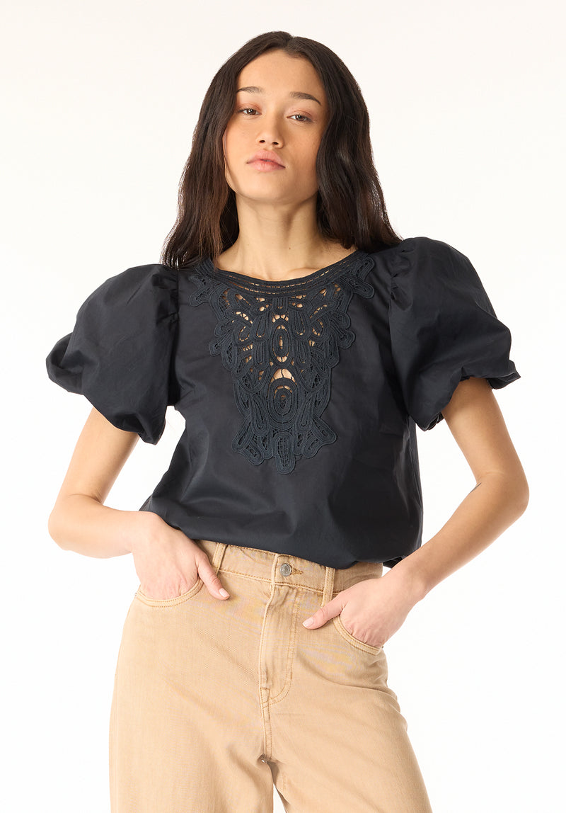 Leonella Women's Puff Sleeve Embroidered Blouse, Black – Buffalo Jeans