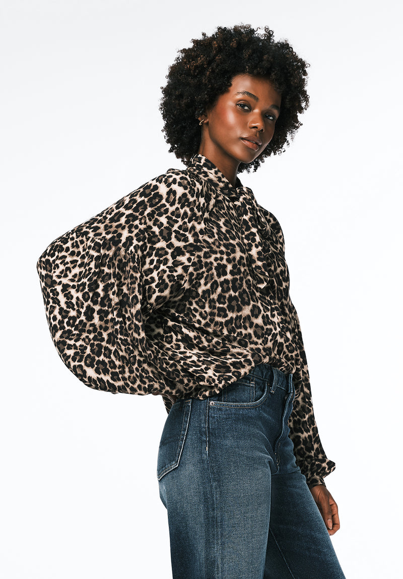 Carissa Women's Printed Blouse with Bow Neck and Voluminous Sleeves color LEOPARD