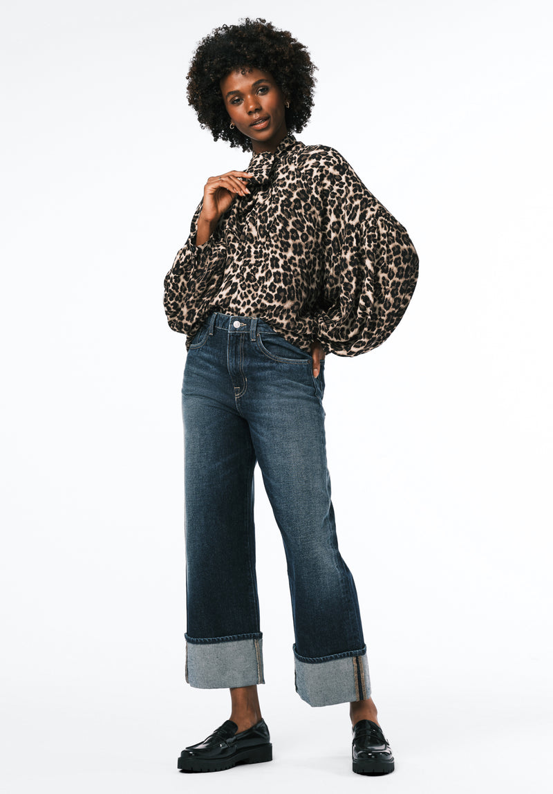 Carissa Women's Printed Blouse with Bow Neck and Voluminous Sleeves color LEOPARD